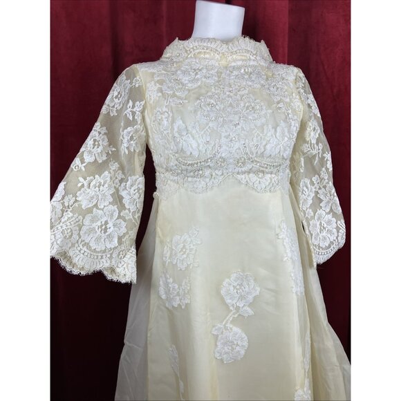 Vintage 60s Jackie O Style Wedding Dress Funnel Neck Detachable Train - Picture 2 of 7